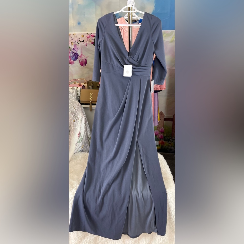 New After Six women’s maxi draped gown formal dress, gift 🎁 for mom 👩 s 2 4 gray